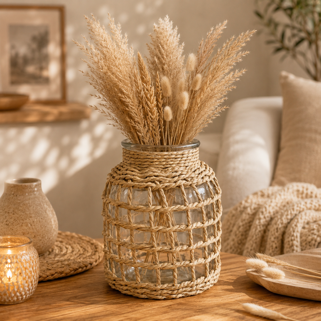 Vase décoratif en verre avec habillage en fibres naturelles