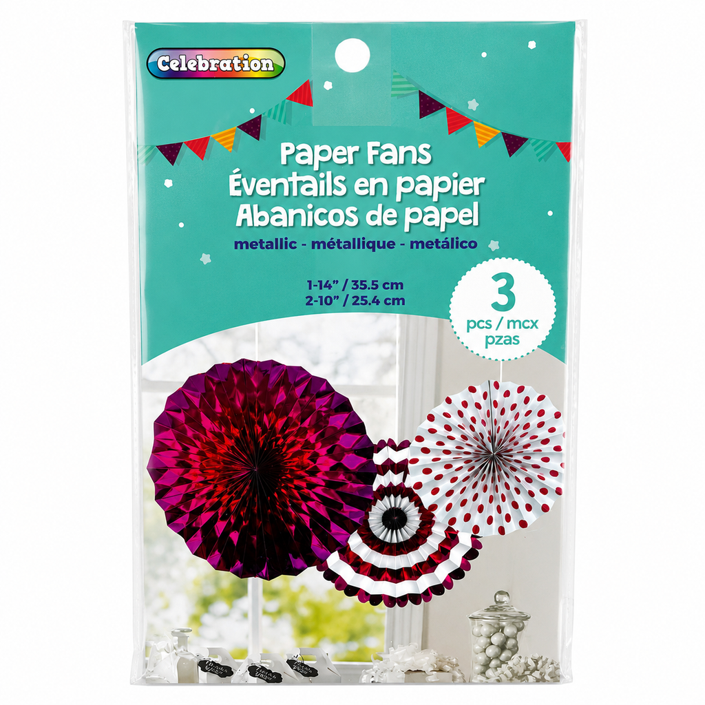 Éventails décoratifs en papier métallisé – Lot de 3