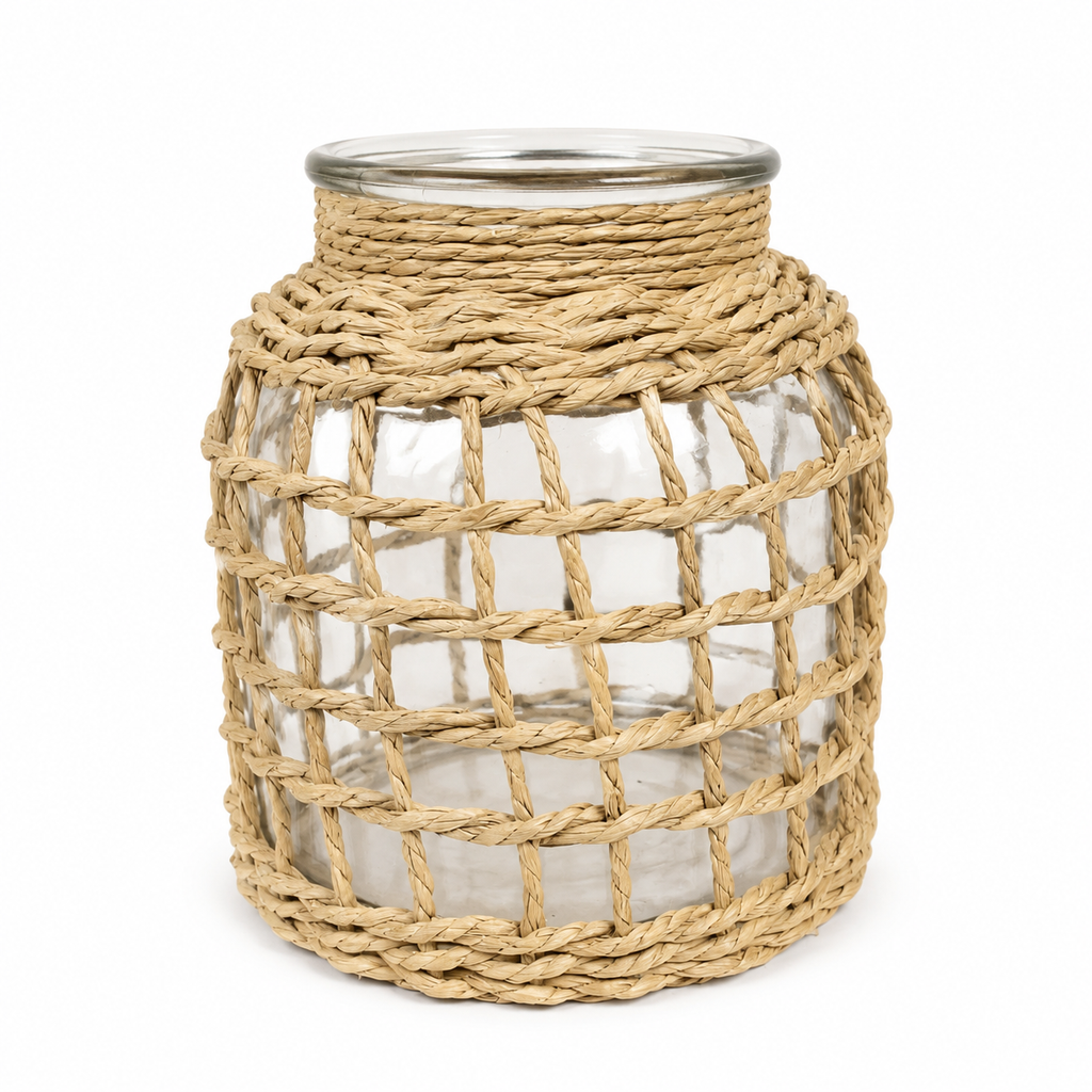 Vase décoratif en verre avec habillage en fibres naturelles