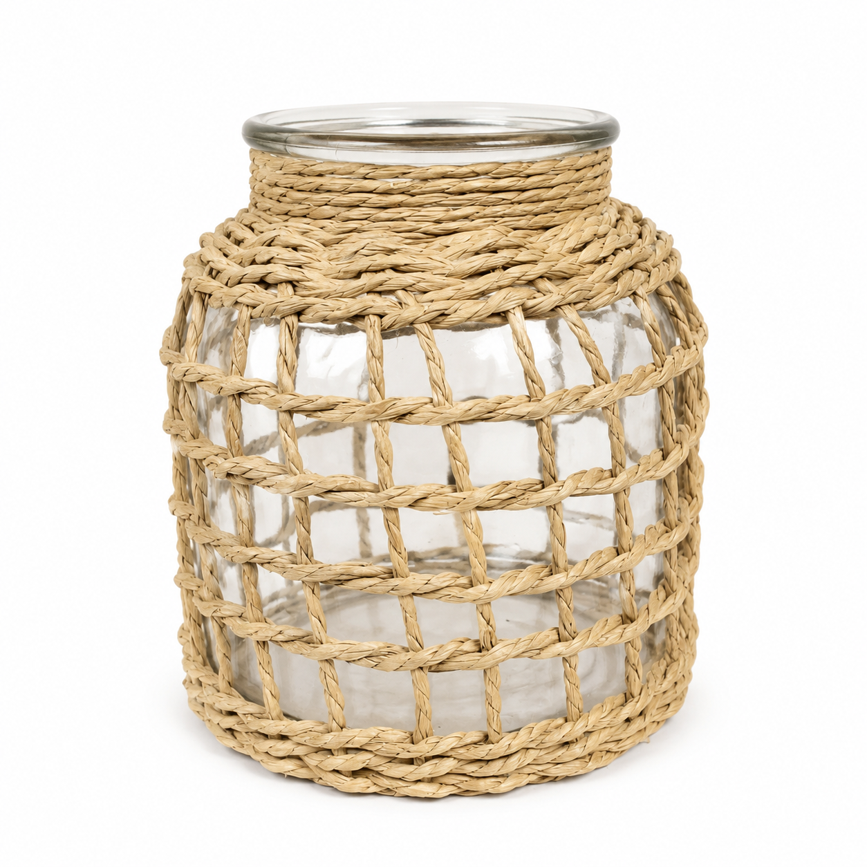 Vase décoratif en verre avec habillage en fibres naturelles