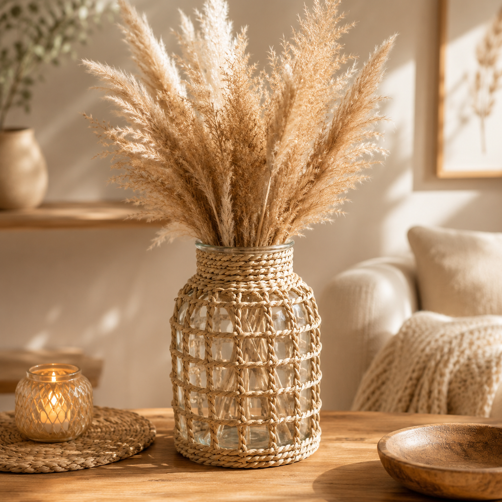 Vase décoratif en verre avec habillage tressé en fibres naturelles