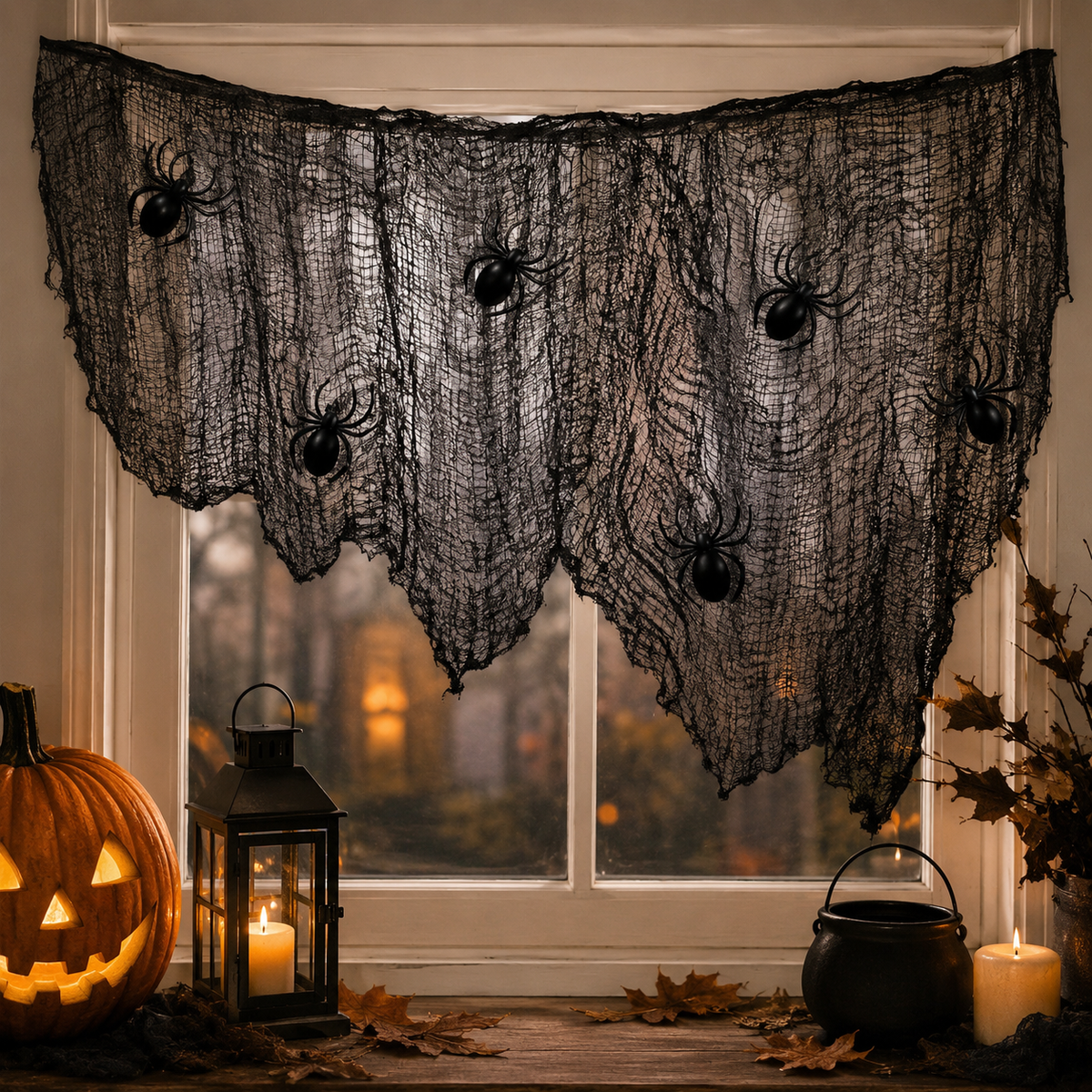 Filet terrifiant Halloween avec 6 araignées