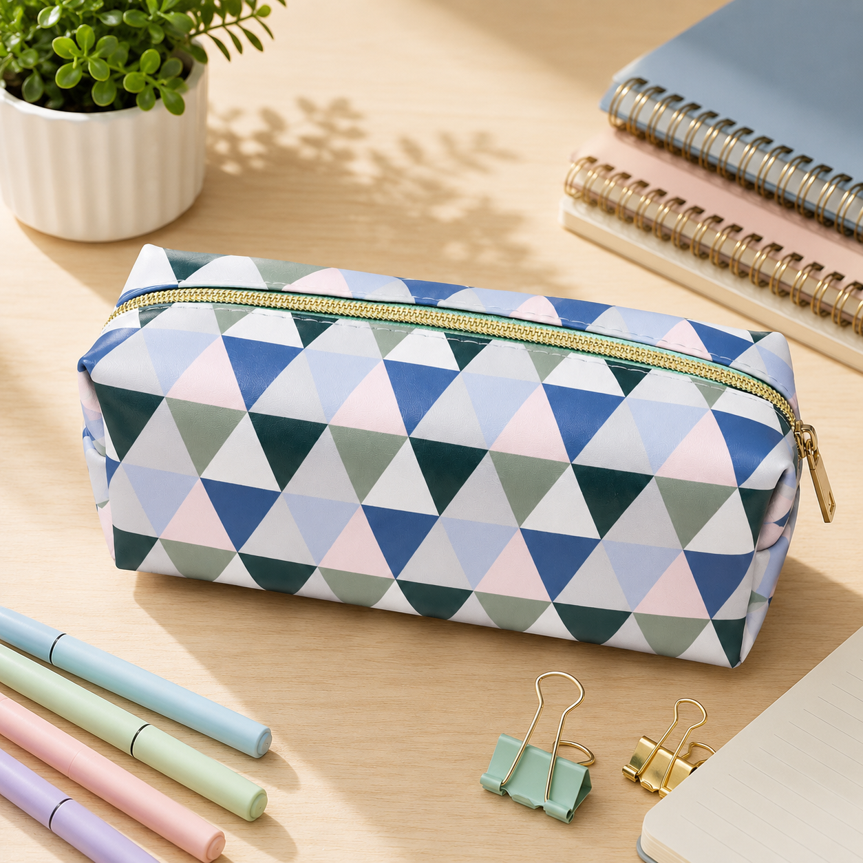 Trousse scolaire à motif géométrique bleu