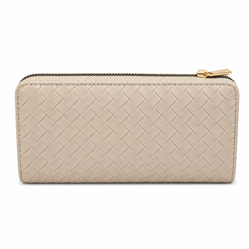 Portefeuille zippé effet tressé - Beige