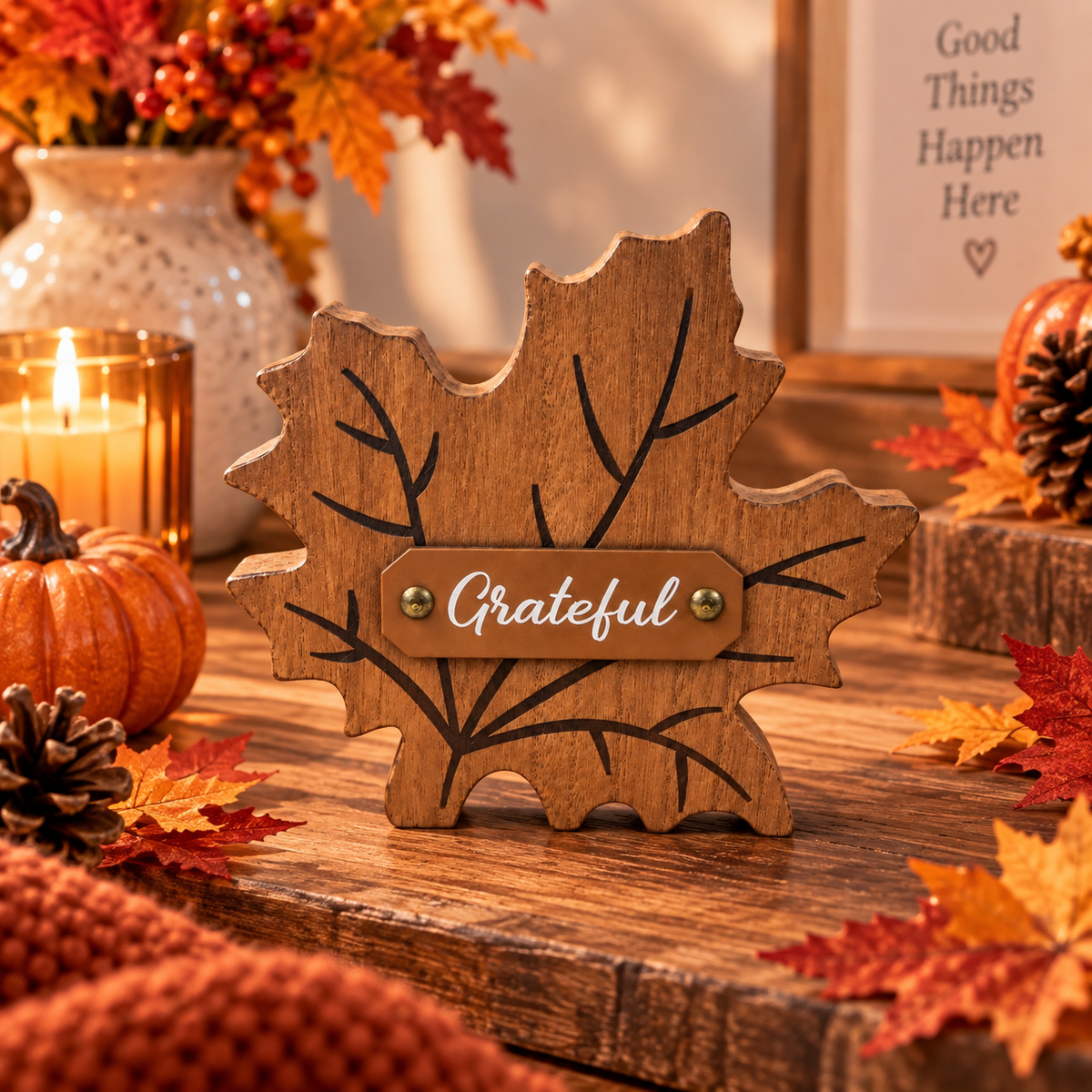 Décoration en bois « Grateful » – Feuille d’automne