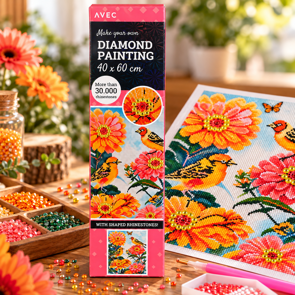 Diamond Painting – Oiseaux et fleurs colorées – 40 × 60 cm