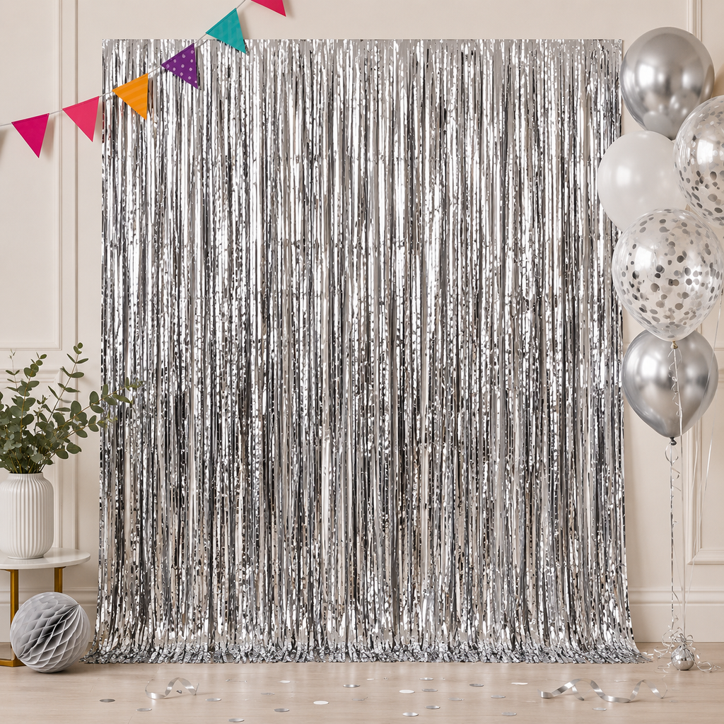 Rideau à franges argenté pour fête – 1 x 2 m