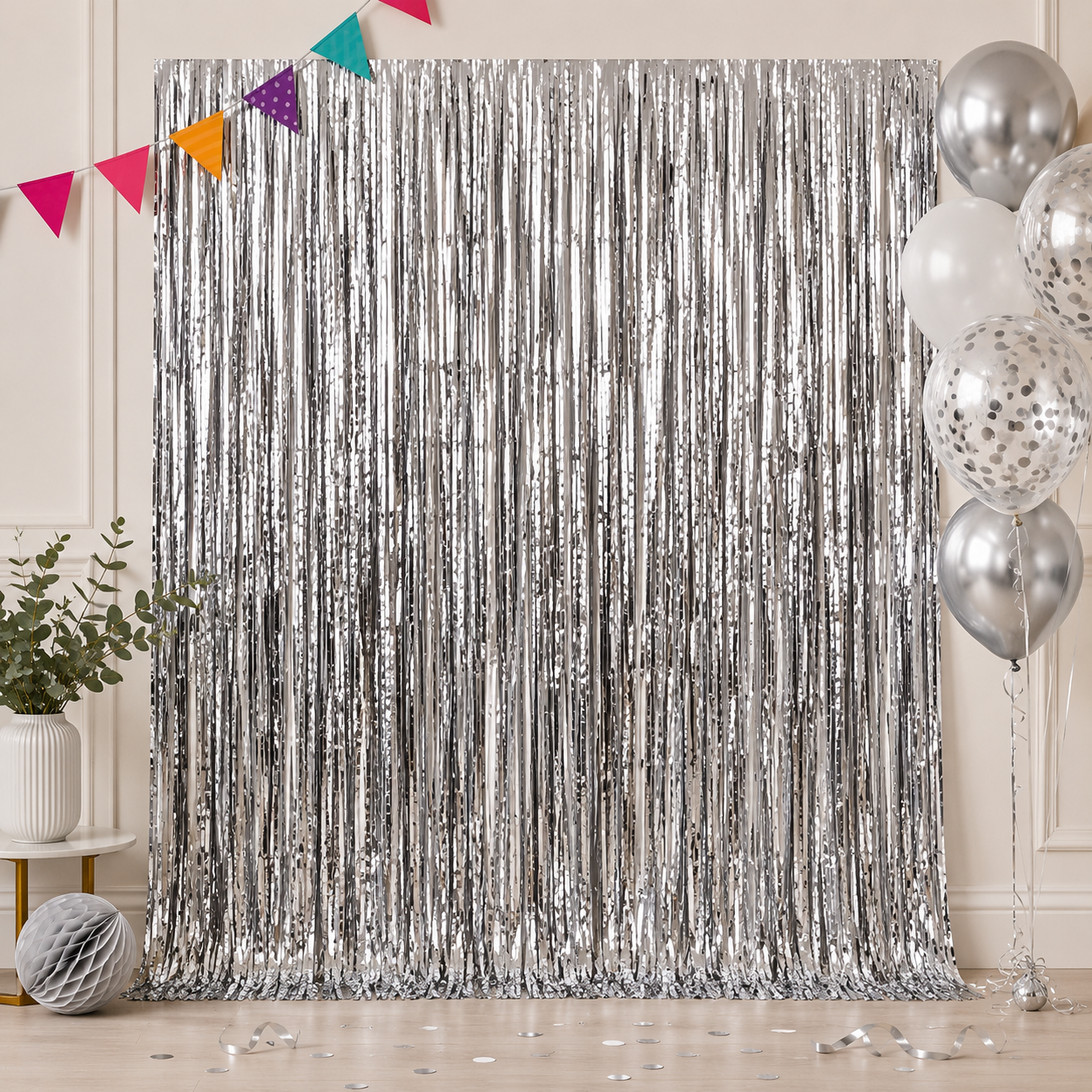 Rideau à franges argenté pour fête – 1 x 2 m