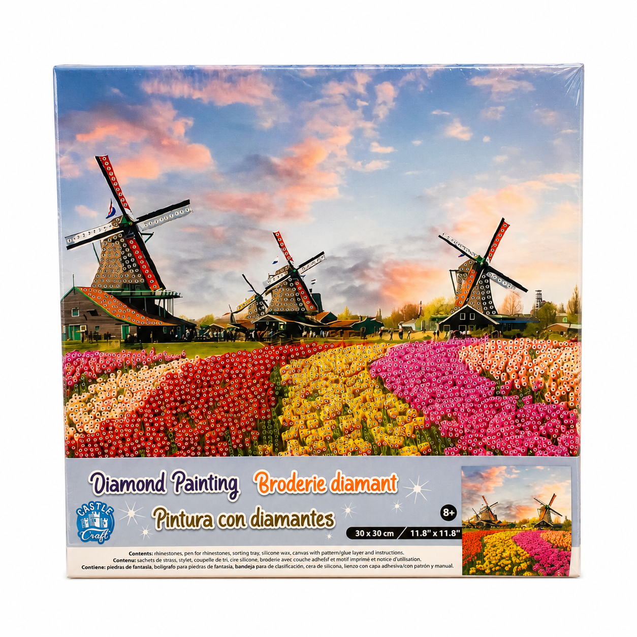 Diamond Painting Moulins et champs de tulipes - 30 x 30 cm