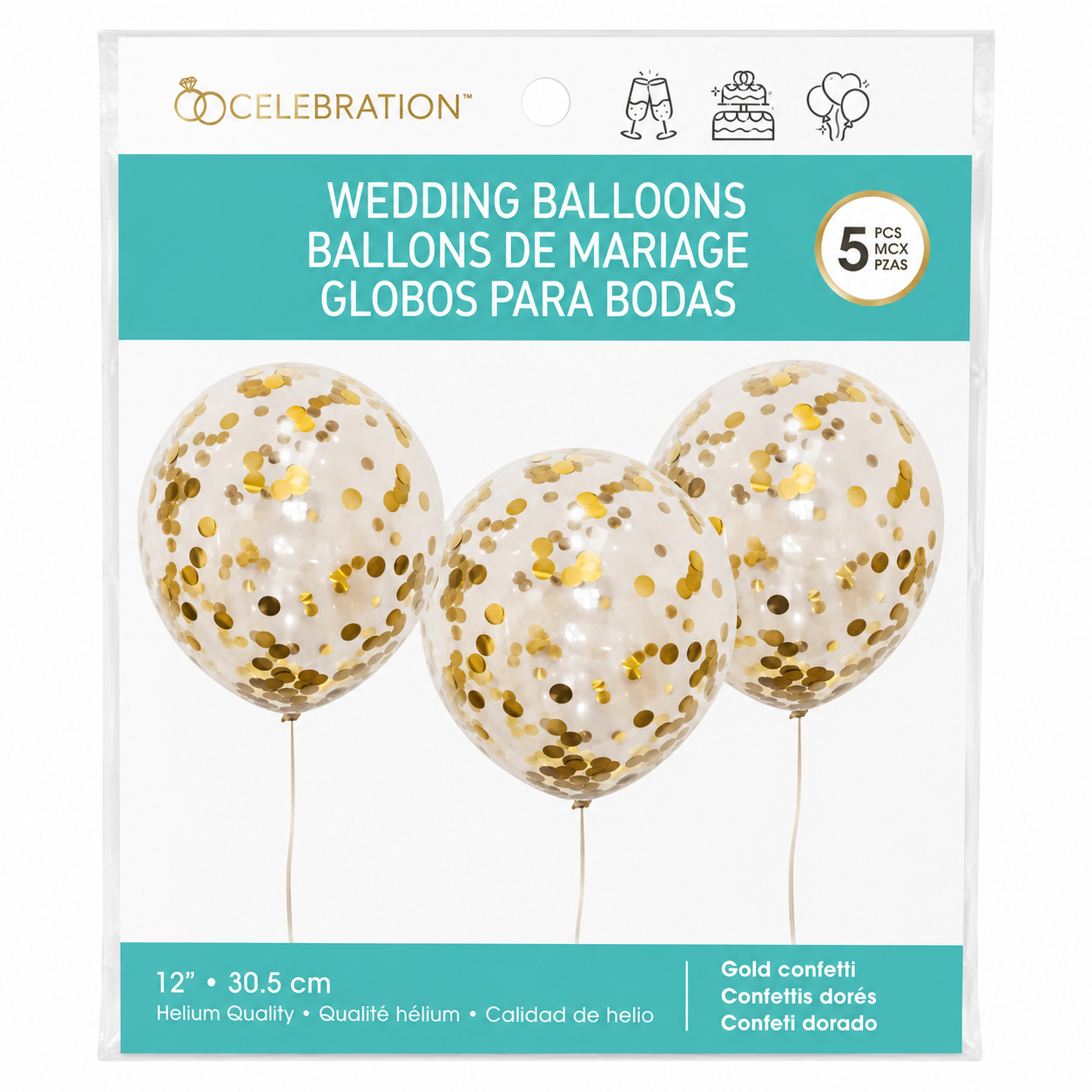 Ballons transparents à confettis dorés – Lot de 5