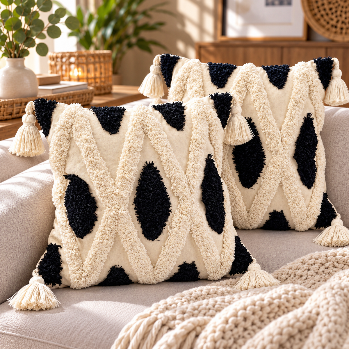 Coussins décoratifs écru et noir 40 x 40 cm - lot de 2