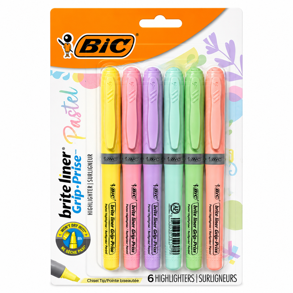 Surligneurs pastel BIC Brite Liner Grip - Lot de 6