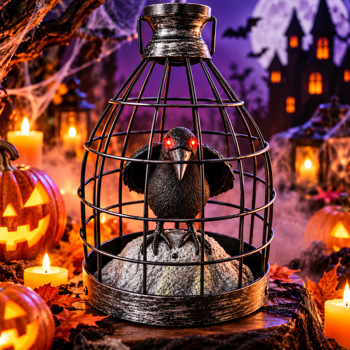 Corbeau animé dans une cage – Décoration Halloween