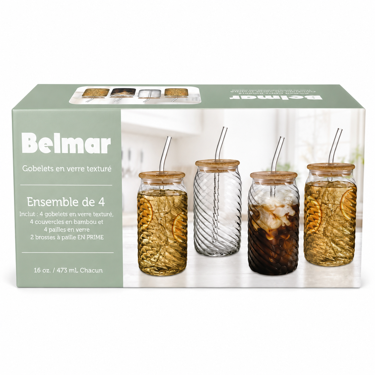 Verres en verre texturé avec couvercles et pailles - Lot de 4