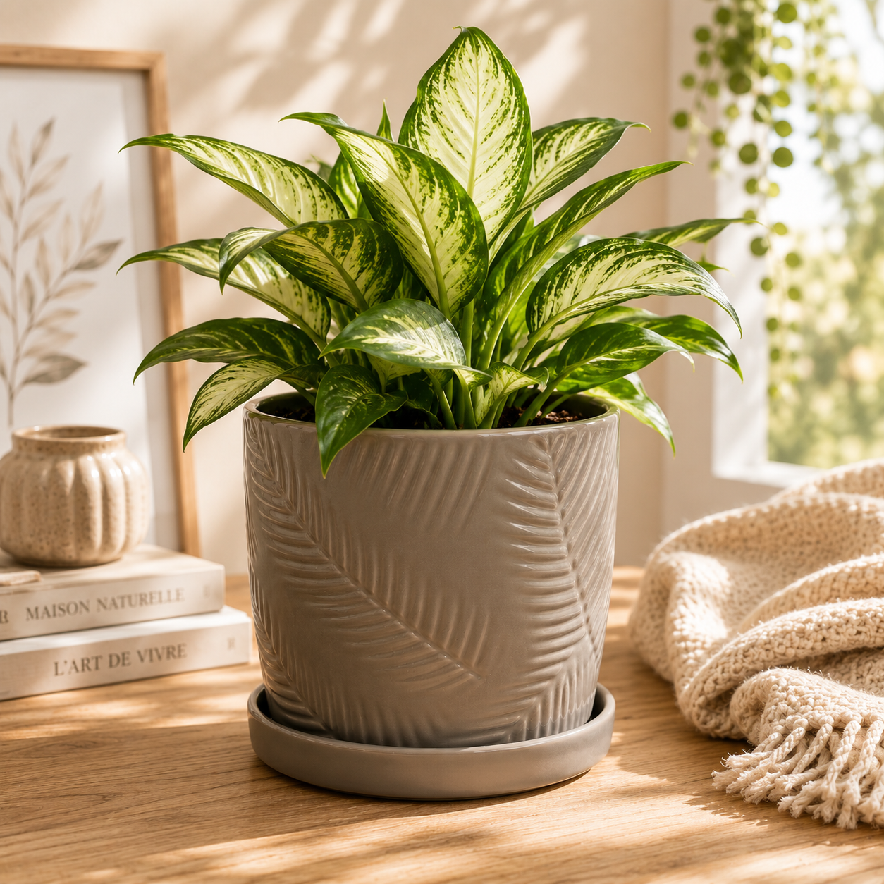 Pot de fleurs en céramique avec soucoupe – Taupe à reliefs de feuilles