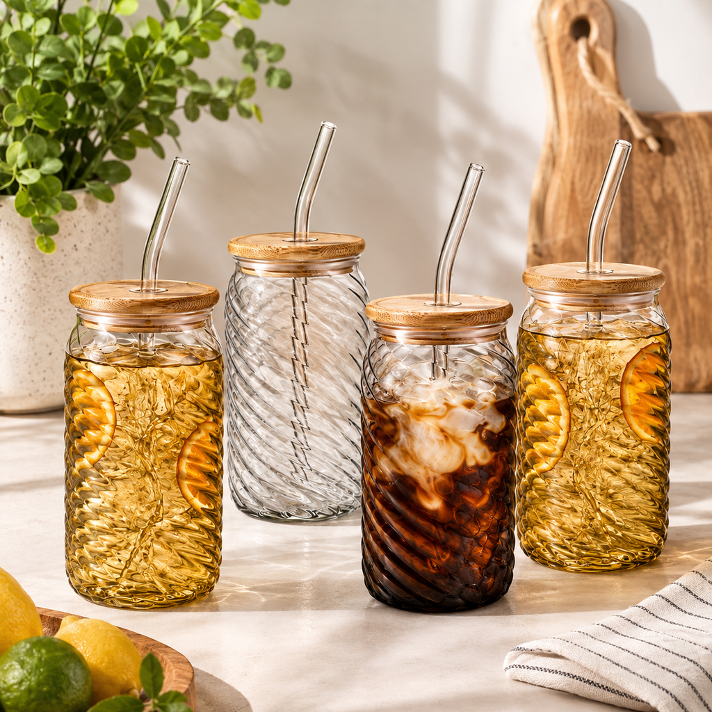Verres en verre texturé avec couvercles et pailles - Lot de 4
