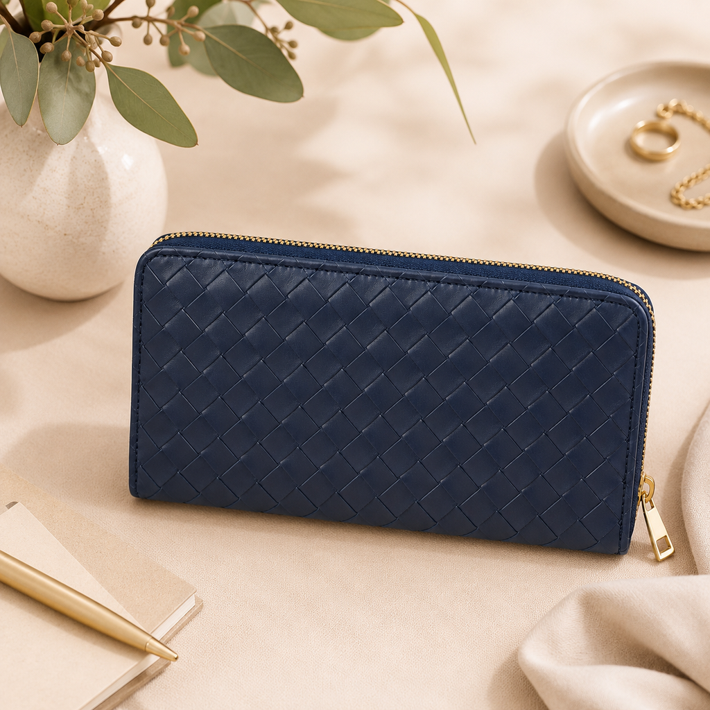 Portefeuille zippé effet tressé - Bleu