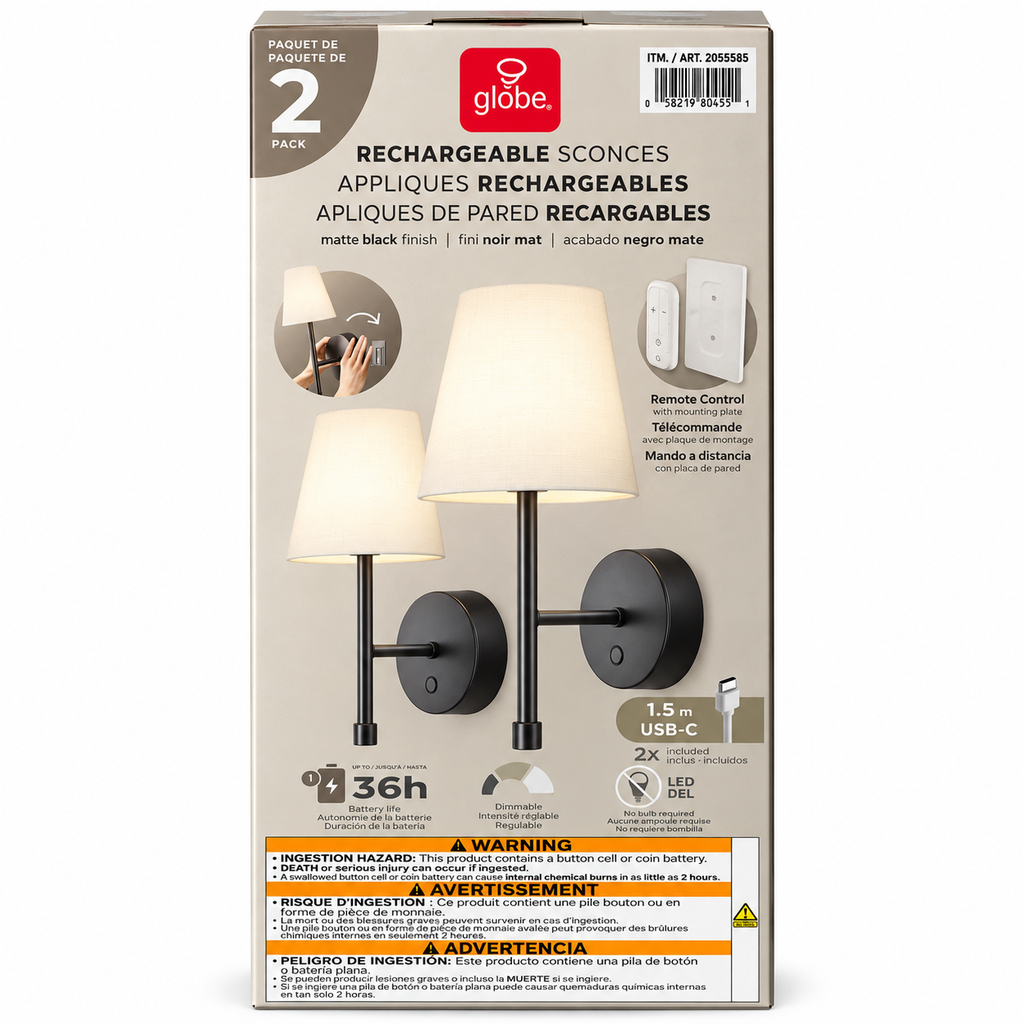 Appliques murales rechargeables noire – Lot de 2