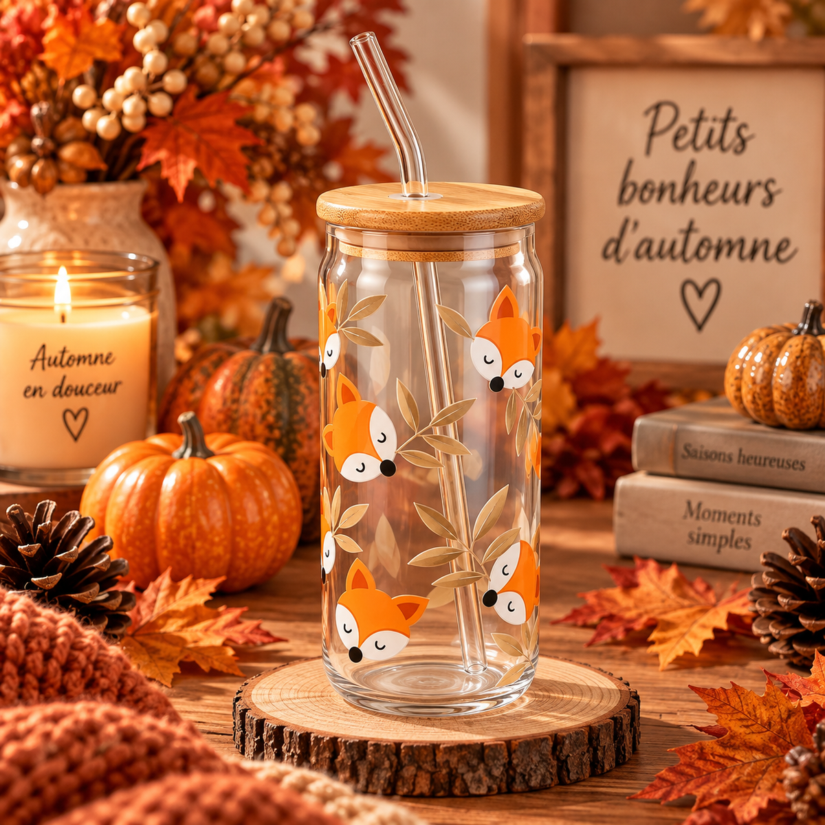 Gobelet en verre avec couvercle en bambou avec paille – Motif renards