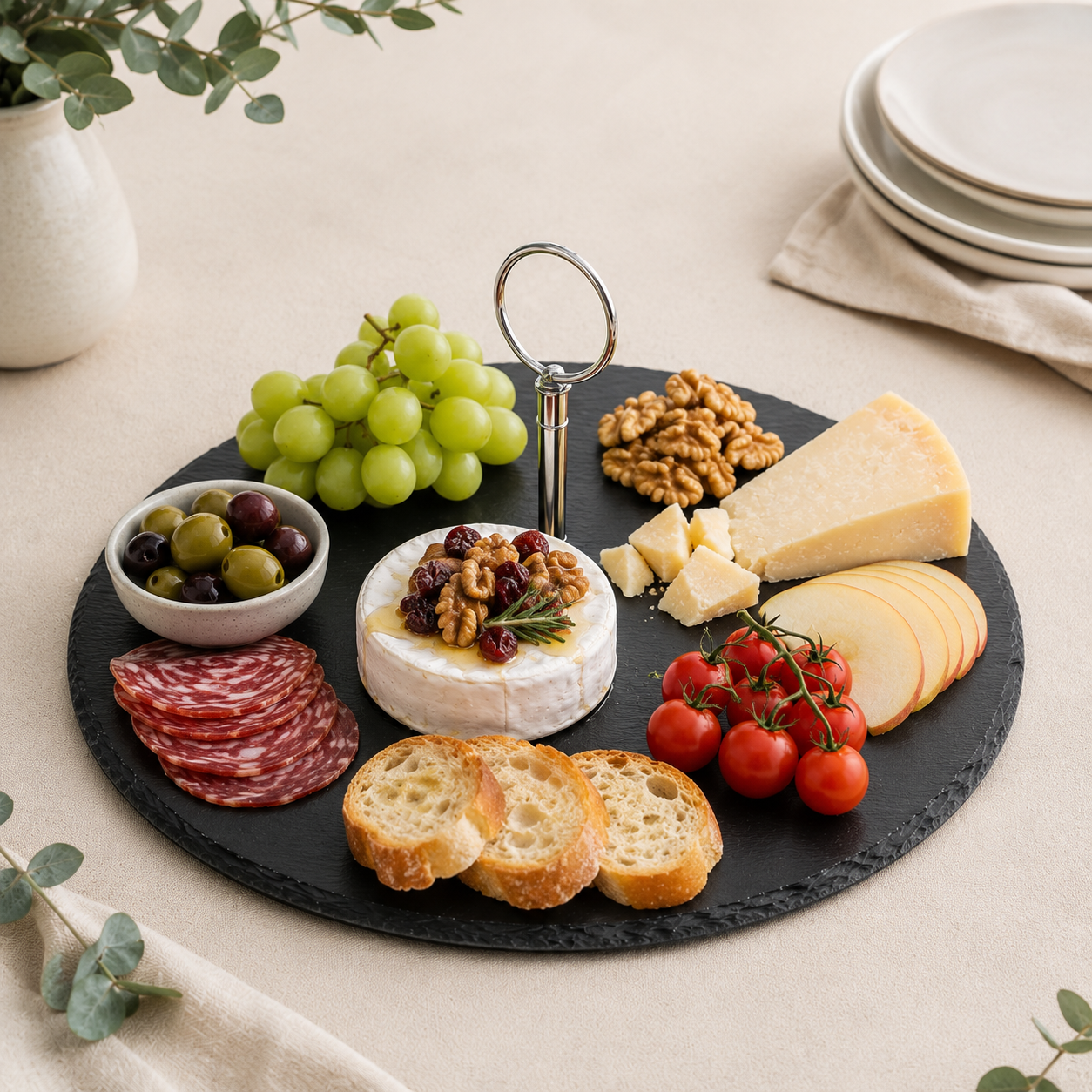 Plateau de service rond en ardoise avec poignée – 30 cm