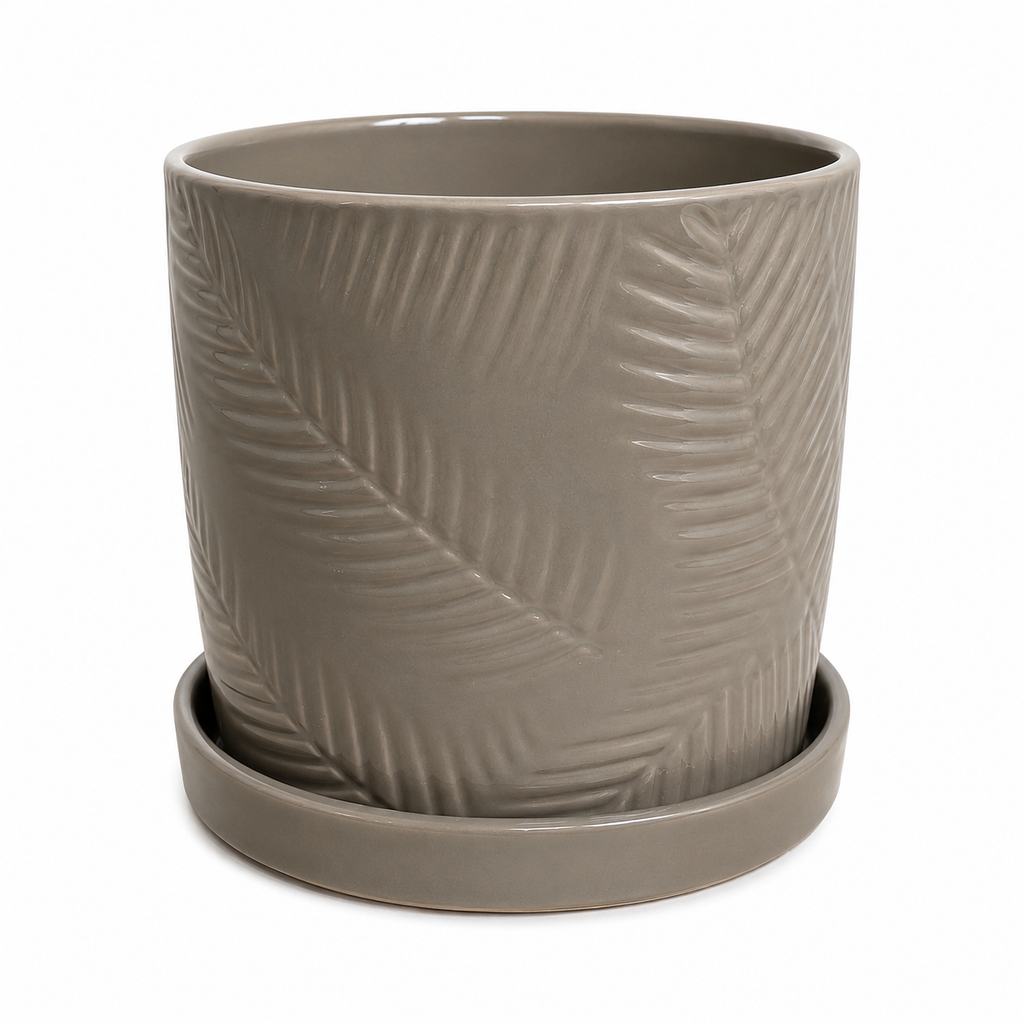 Pot de fleurs en céramique avec soucoupe – Taupe à reliefs de feuilles