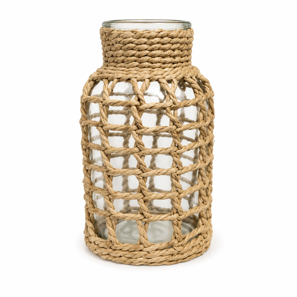 Vase décoratif en verre avec habillage tressé en fibres naturelles