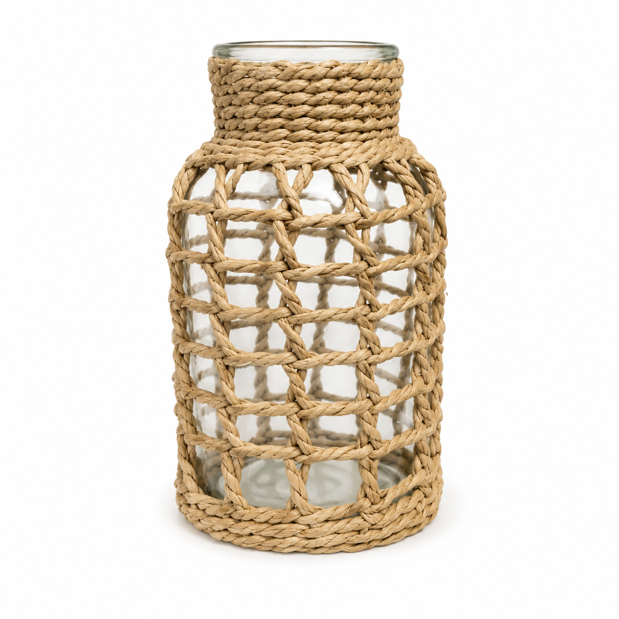 Vase décoratif en verre avec habillage tressé en fibres naturelles