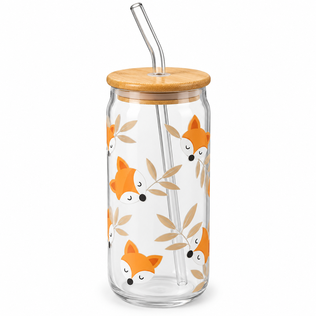 Gobelet en verre avec couvercle en bambou avec paille – Motif renards