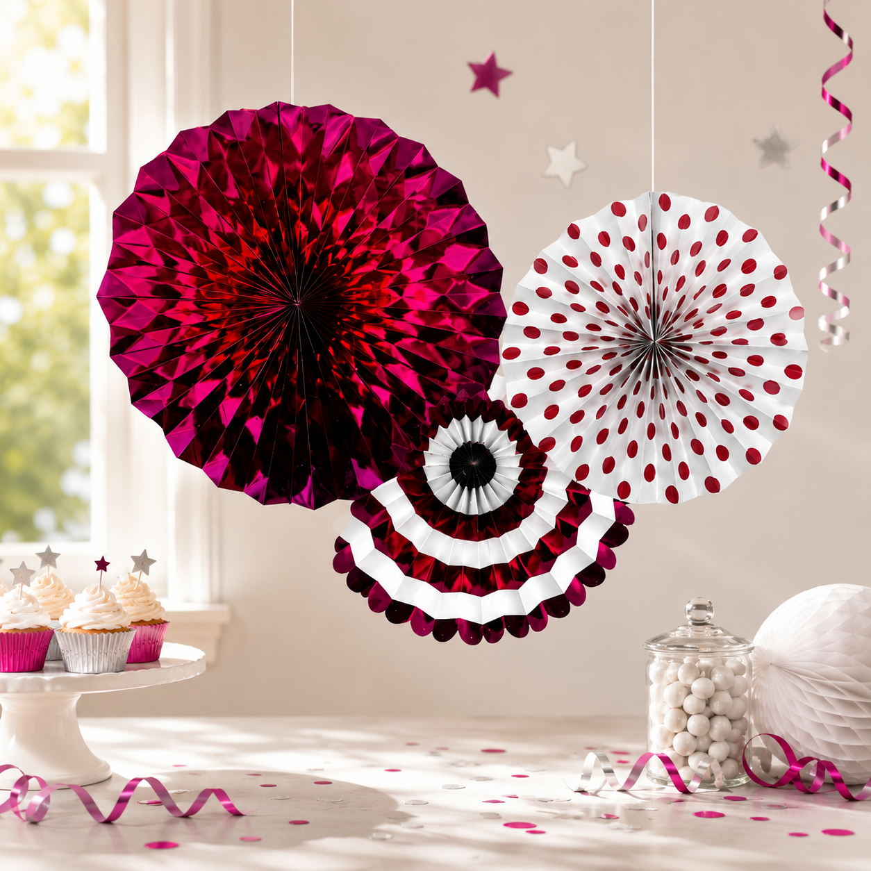 Éventails décoratifs en papier métallisé – Lot de 3