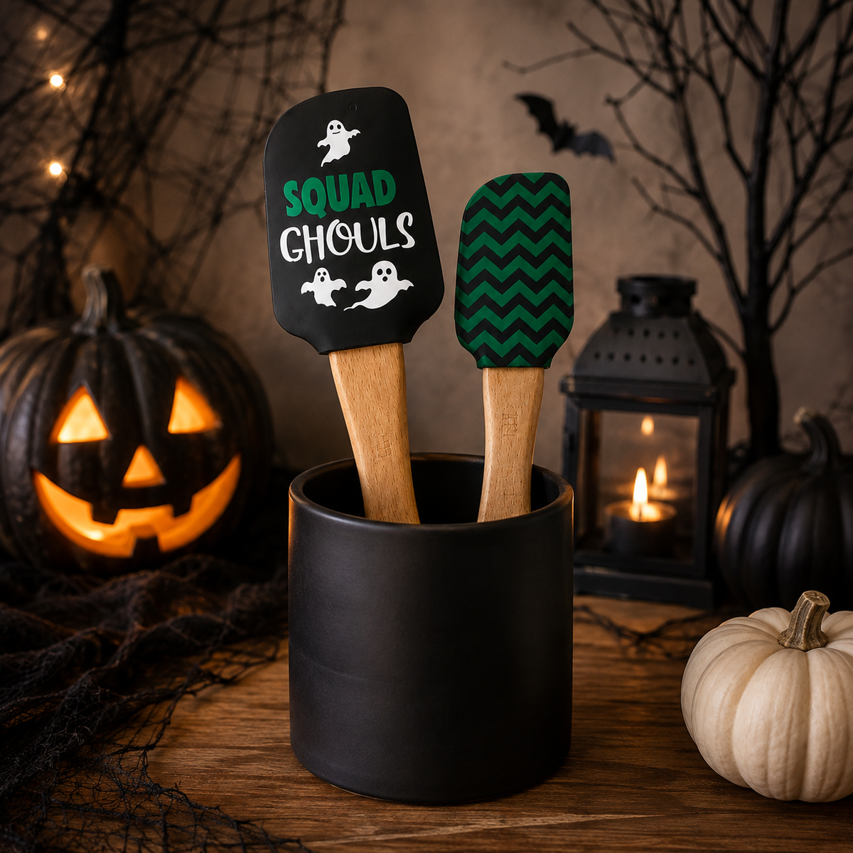Set de 2 spatules en silicone avec manche en bois – Spécial Halloween