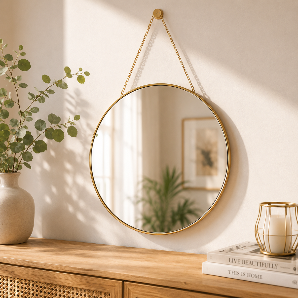 Miroir rond suspendu avec finition dorée