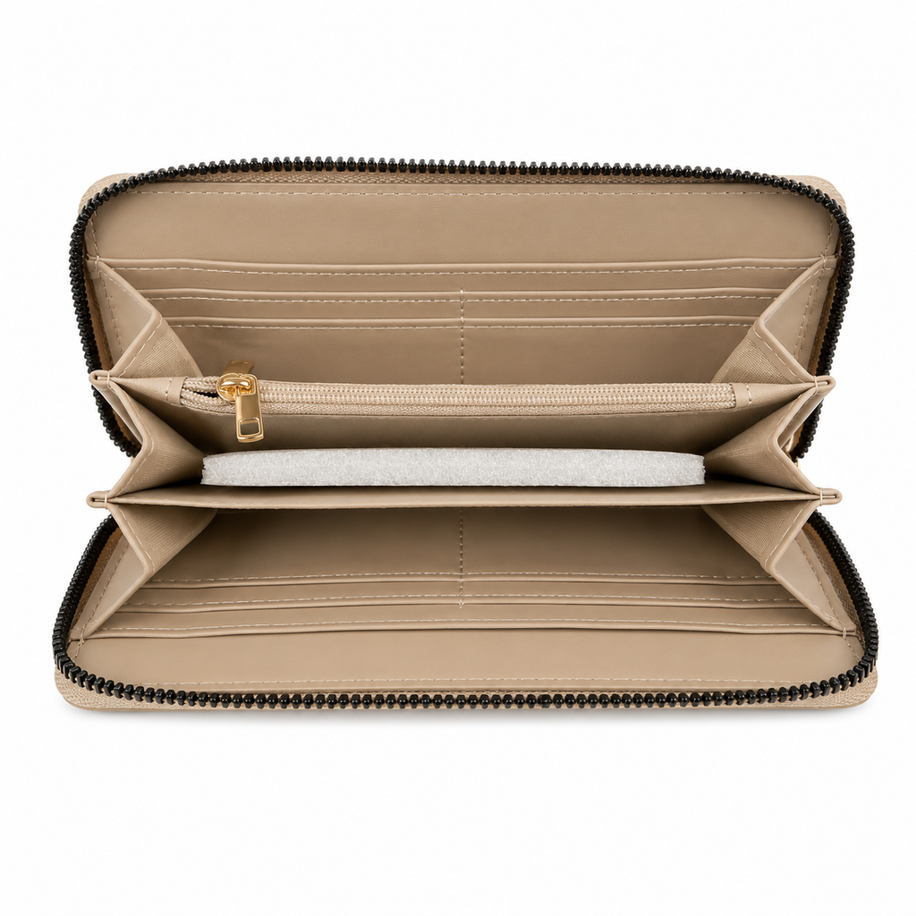 Portefeuille zippé effet tressé - Beige